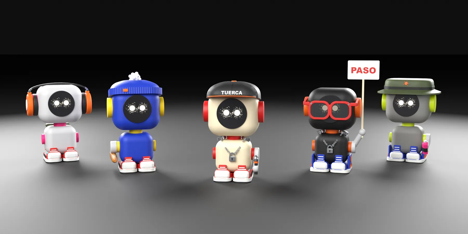 Cinco B-Bots, cada uno distinto: uno blanco con cascos, uno azul con gorro de lana, uno crema con gorra y cadena, uno negro con gafas y una pancarta que pone PASO, y uno gris con gorro de pescador y un spray